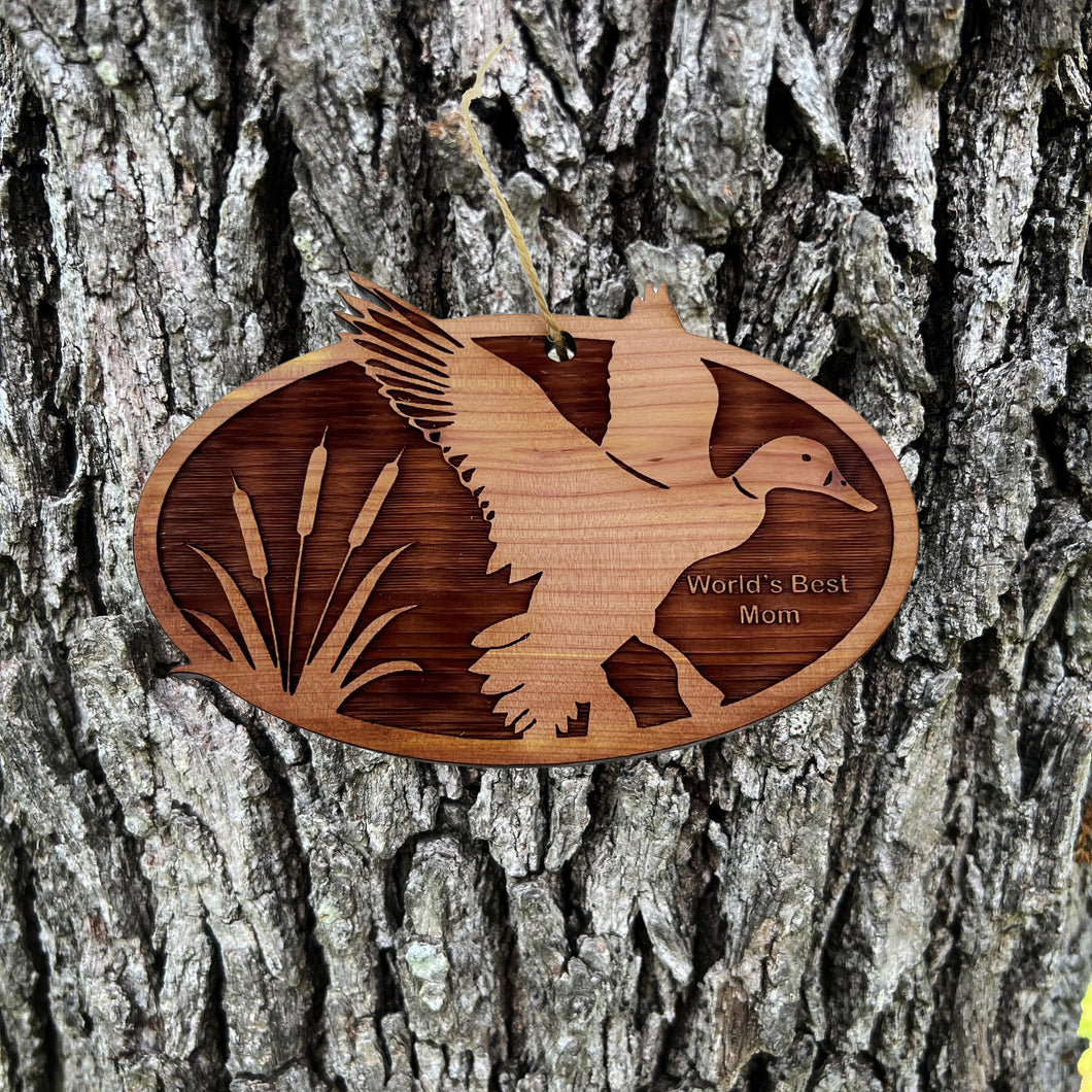 Flying Duck Worlds Best Mom - Cedar Ornament