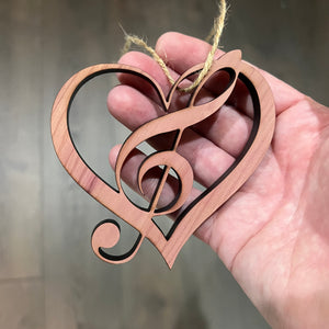 Heart and Treble Clef note - Cedar Ornament