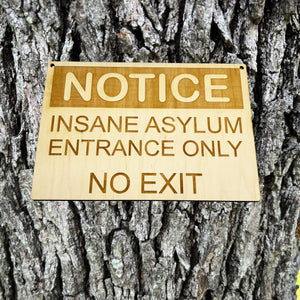 Insane Asylum Entrance only NO EXIT Sign 10X7 Inches