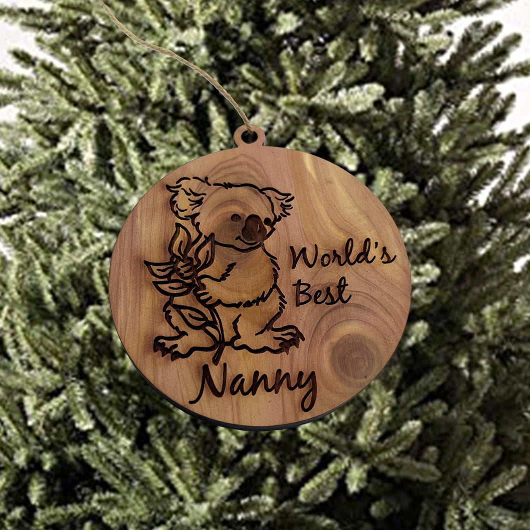 Koala Worlds Best Nanny - Cedar Ornament