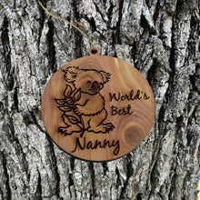 Load image into Gallery viewer, Koala Worlds Best Nanny - Cedar Ornament