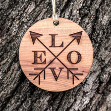 Load image into Gallery viewer, Love Crossed Arrows - Raw Cedar Ornament 3x3in