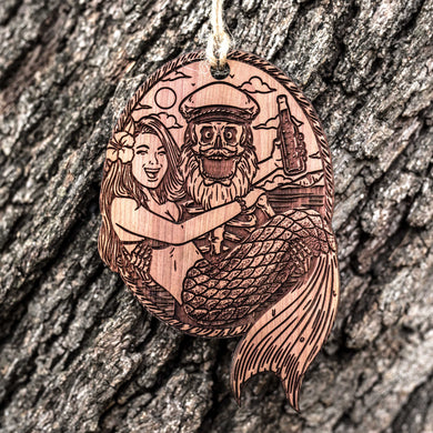 Mermaid and Pirate - Raw Cedar Ornament 3x3in