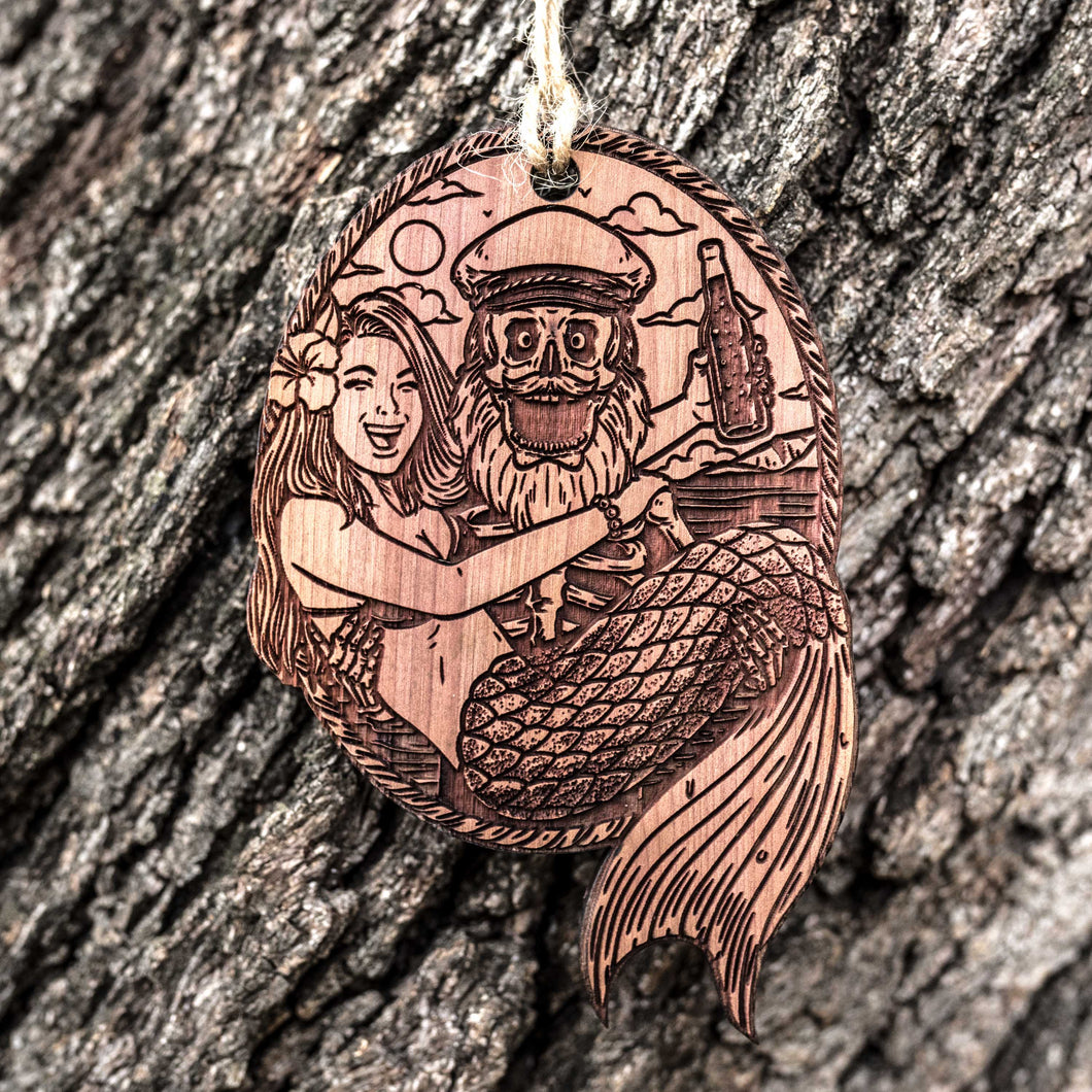 Mermaid and Pirate - Raw Cedar Ornament 3x3in