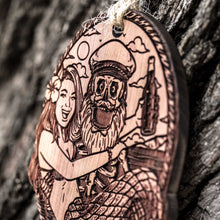 Load image into Gallery viewer, Mermaid and Pirate - Raw Cedar Ornament 3x3in