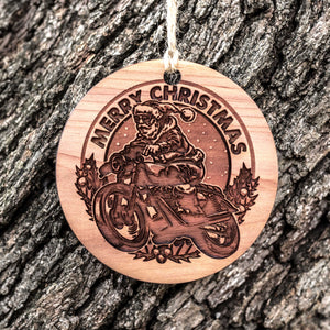 Merry Christmas - Motorcycle Santa - Raw Cedar Ornament 3x3in