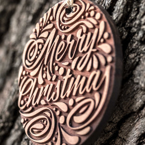 Merry Christmas - Raw Cedar Ornament 3x3in