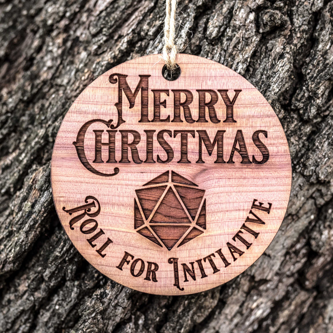 Merry Christmas - Roll for Initiative - Raw Cedar Ornament 3x3in