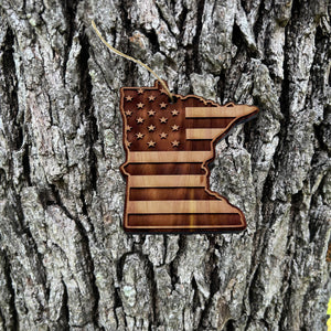 Minnesota and USA Flag - Cedar Ornament