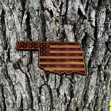 Oklahoma and USA Flag - Cedar Ornament