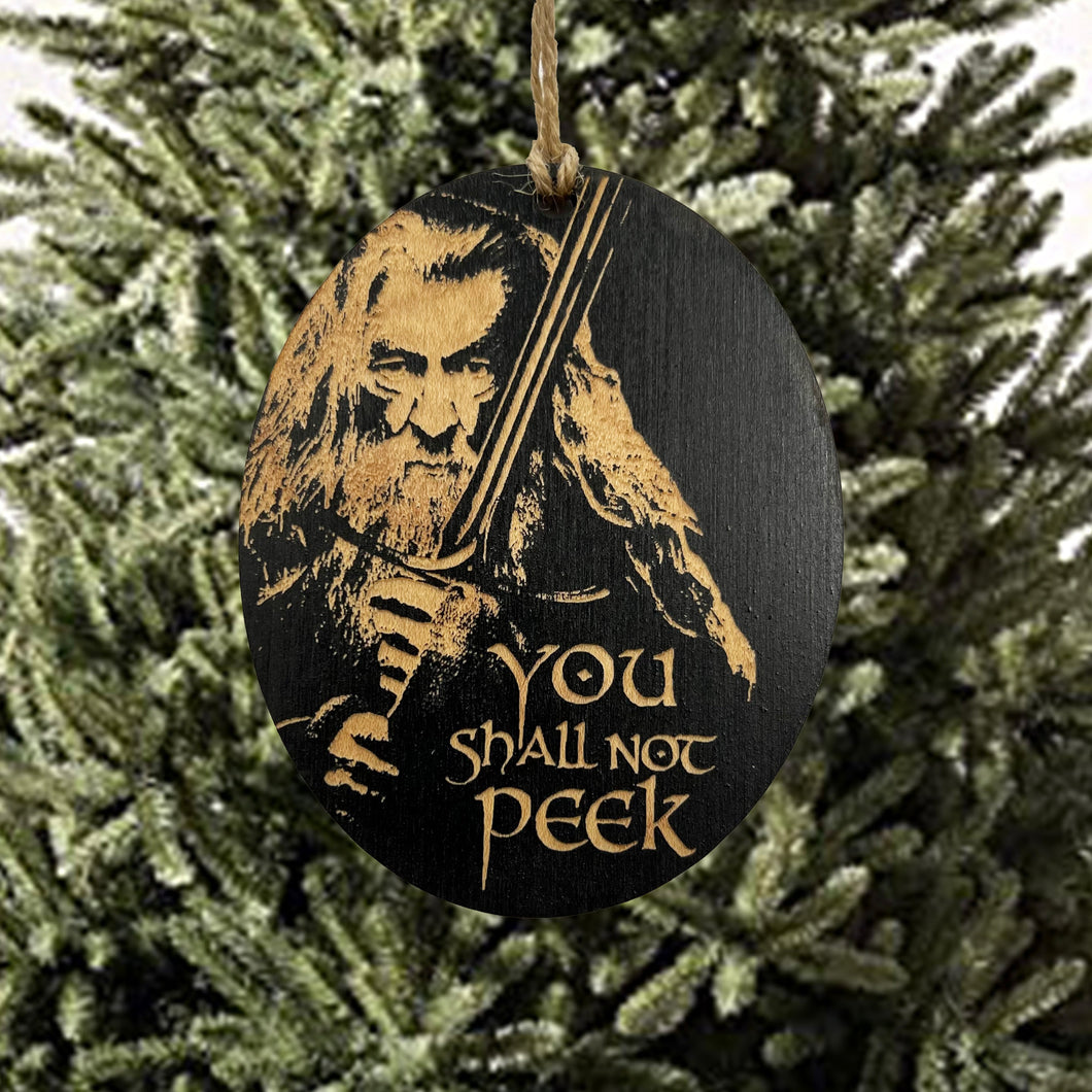 Ornament - You Shall Not Peek - Black Painted Wood 4x3in