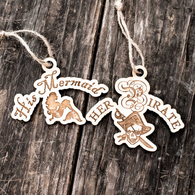 Ornament - His Mermaid - Her Pirate - Set Raw Wood 2x4in