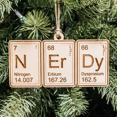 Ornament - Periodic Table Nerdy - Raw Wood 3x5in