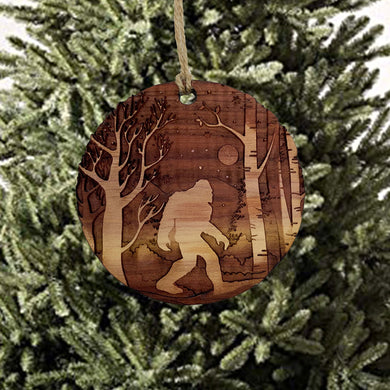 Winter Sasquatch Bigfoot - Raw Cedar Ornament 3x3in