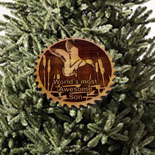 Load image into Gallery viewer, Sawblade with Duck Worlds Most Awesome Son - Cedar Ornament