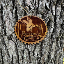 Load image into Gallery viewer, Sawblade with Duck Worlds Most Awesome Son - Cedar Ornament