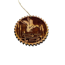 Load image into Gallery viewer, Sawblade with Duck Worlds Most Awesome Son - Cedar Ornament