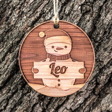 Snowman with Custom Name - Raw Cedar Ornament 3x3in PERSONALIZED