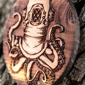 Steampunk Octopus - Raw Cedar Ornament 3x3in