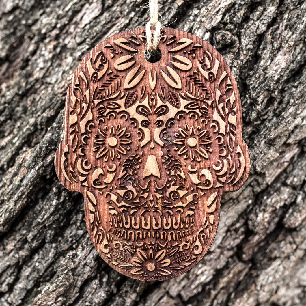 Sugar Skull - Raw Cedar Ornament 3x3in