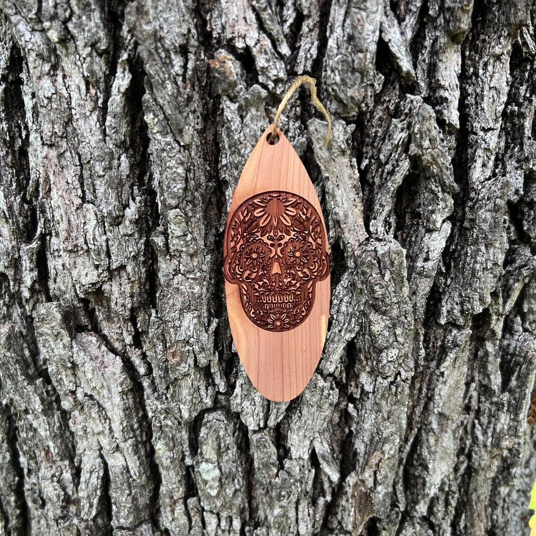 Sugar Skull Surfboard - Cedar Ornament