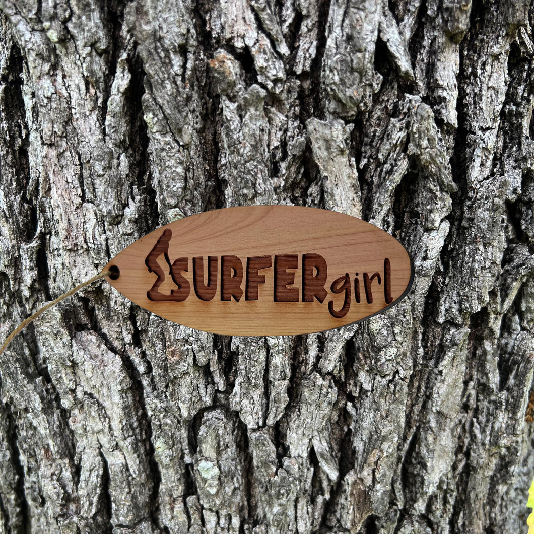 Surfer Girl Surfboard - Cedar Ornament