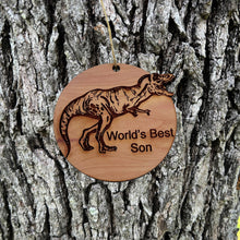 Load image into Gallery viewer, TRex Dinosaur Worlds Best Son - Cedar Ornament