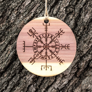 Viking Vegvisir Aegishjalmur - Raw Cedar Ornament 3x3in