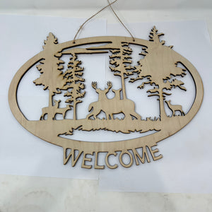 Welcome Deer Sign Raw Wood 14x18