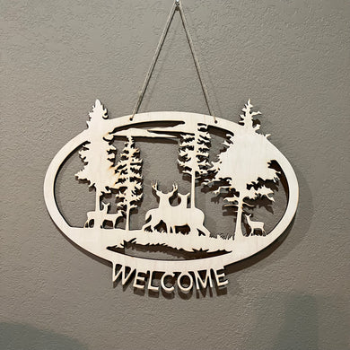 Welcome Deer Sign Raw Wood 14x18