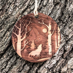 Winter Wolf - Raw Cedar Ornament 3x3in