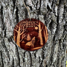 Load image into Gallery viewer, Winter Wolf Worlds Best Aunt - cedar ornament