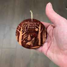 Load image into Gallery viewer, Winter Wolf Worlds Best Aunt - cedar ornament