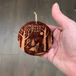 Winter Wolf Worlds Best Aunt - cedar ornament