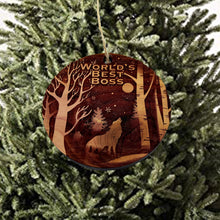 Load image into Gallery viewer, Winter Wolf Worlds Best Boss - cedar ornament