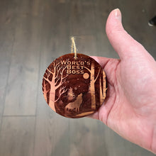 Load image into Gallery viewer, Winter Wolf Worlds Best Boss - cedar ornament