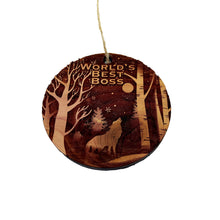 Load image into Gallery viewer, Winter Wolf Worlds Best Boss - cedar ornament