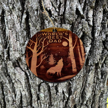 Load image into Gallery viewer, Winter Wolf Worlds Best Dad - cedar ornament