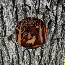 Load image into Gallery viewer, Winter Wolf Worlds Best Daughter - cedar ornament