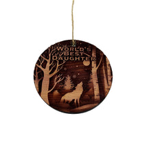 Load image into Gallery viewer, Winter Wolf Worlds Best Daughter - cedar ornament