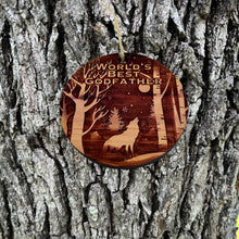 Load image into Gallery viewer, Winter Wolf Worlds Best Godfather - cedar ornament