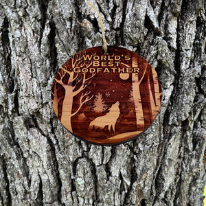 Winter Wolf Worlds Best Godfather - cedar ornament