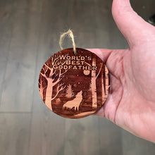 Load image into Gallery viewer, Winter Wolf Worlds Best Godfather - cedar ornament