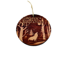 Load image into Gallery viewer, Winter Wolf Worlds Best Godfather - cedar ornament