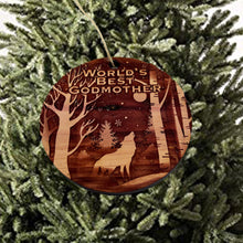 Load image into Gallery viewer, Winter Wolf Worlds Best Godmother - cedar ornament