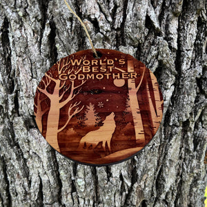 Winter Wolf Worlds Best Godmother - cedar ornament