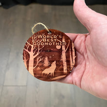 Load image into Gallery viewer, Winter Wolf Worlds Best Godmother - cedar ornament