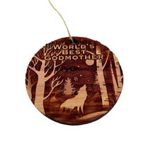 Load image into Gallery viewer, Winter Wolf Worlds Best Godmother - cedar ornament