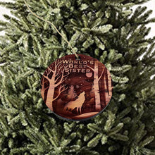 Load image into Gallery viewer, Winter Wolf Worlds Best Sister - cedar ornament