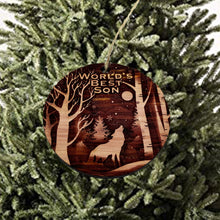 Load image into Gallery viewer, Winter Wolf Worlds Best Son - cedar ornament